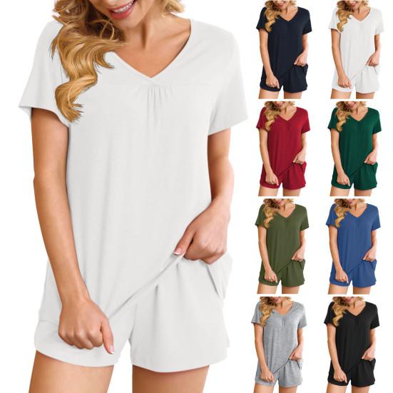 2 stk/sett Dame Sommer Pyjamas Dress V-hals Kortermet nattøysett Homewear Topp Shortssett Løse shortssett Uformelt sportsantrekk
