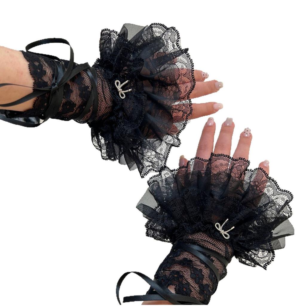Lolita Ribbon Wrist Cuffs Detachable Wristband Elegant Pleated Lace Brim False Wristband for Balletcore Accessories