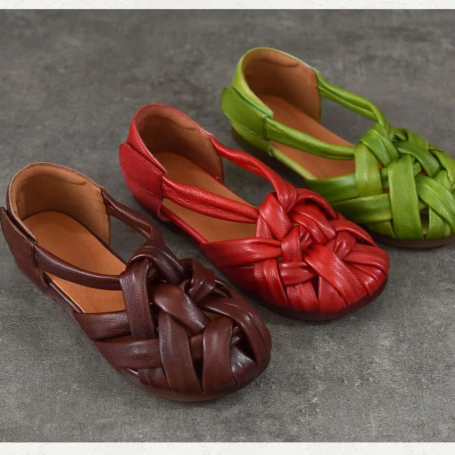 Johnature Genuine Leather Flat Roman Sandals Woven Hollow-out Breathable Women's Shoes