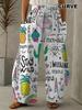 Damen Freizeithose mit Ananas-Kaktus-Print, lockere Passform, weites Bein, Streetwear-Stil, mit zwei Taschen & elastischem Bund