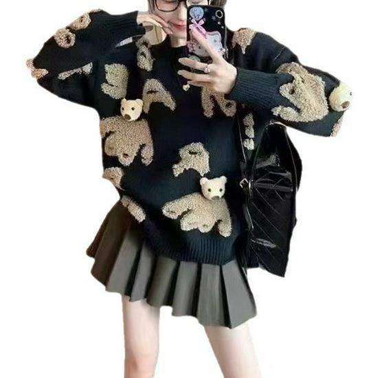 Korean 3D Little Bear Knit Sweater for Women - Loose, Fashionable, Plus Size for Autumn/Winter
