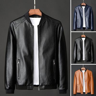 Men Fall Winter Coat Smooth Faux Leather Windproof Stand Collar Long Sleeve