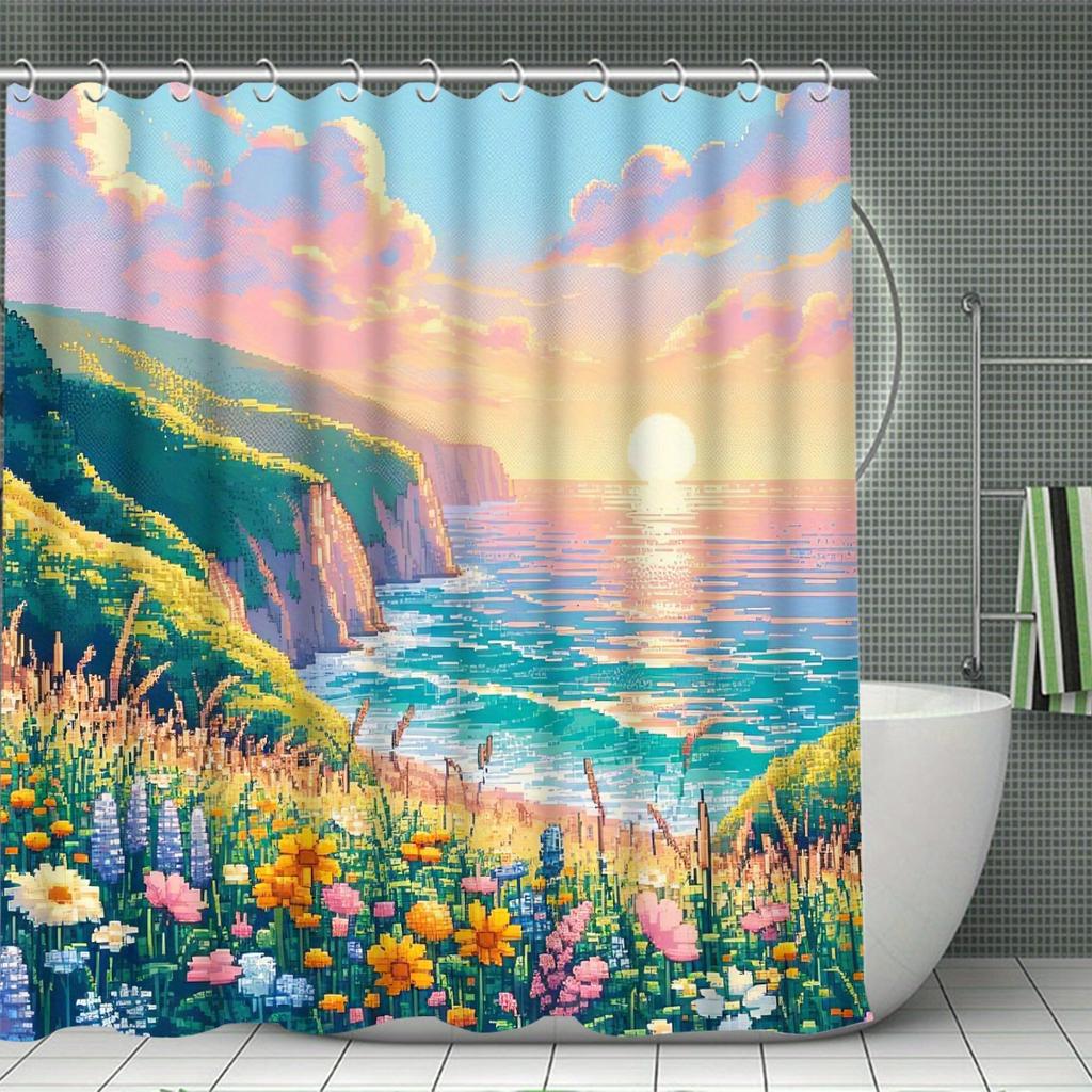 Tenda Doccia Decorativa Campo di Fiori Set Bagno - Lavabile in Lavatrice, Con 12 Ganci, Incluso Copri Sedile WC e Vasca da Bagno