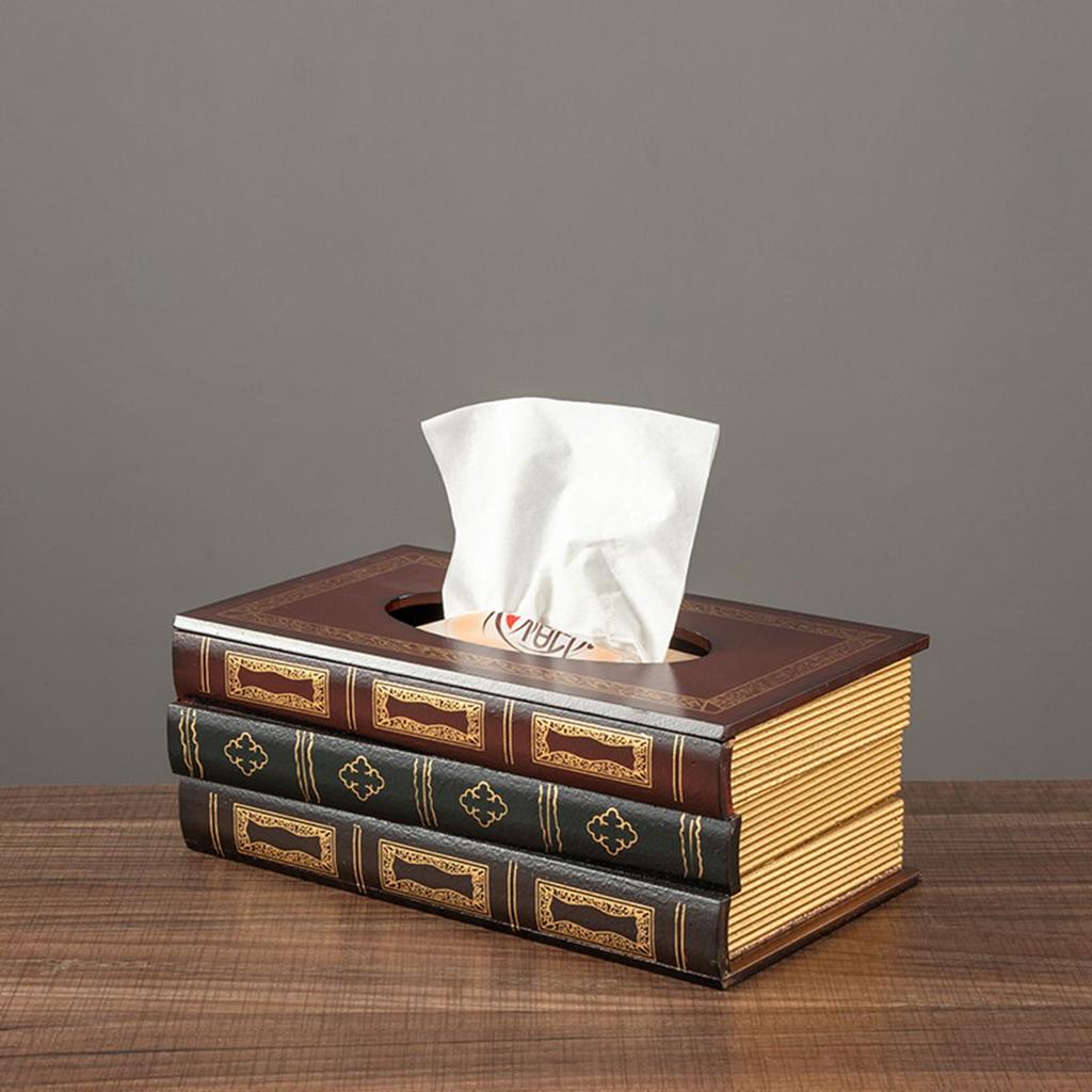 Wooden Antique Book Shaped Napkin Box Tissue Holder Wipes Storage Case Paper Towel Dispenser