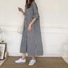 Spring and Summer Super Long Knee Length Checked Shirt Dress