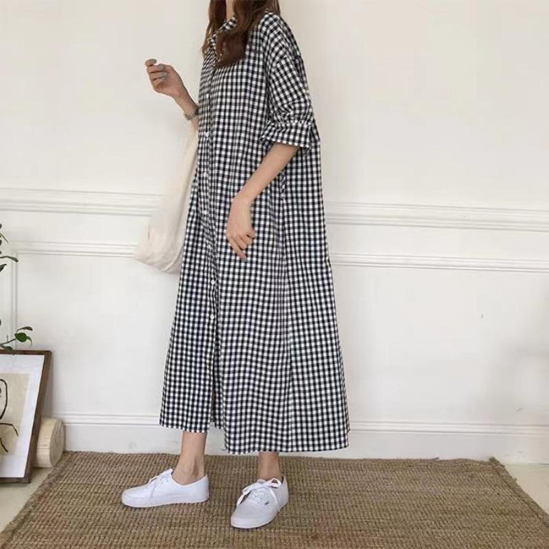 Spring and Summer Super Long Knee Length Checked Shirt Dress