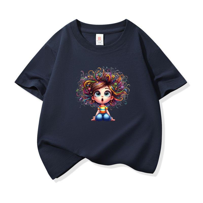 Kids Cotton T Shirt Sitting Girl With Colorful Hair Print Crew Neck Short Sleeve Tee Casual Boys Girls Summer Tops