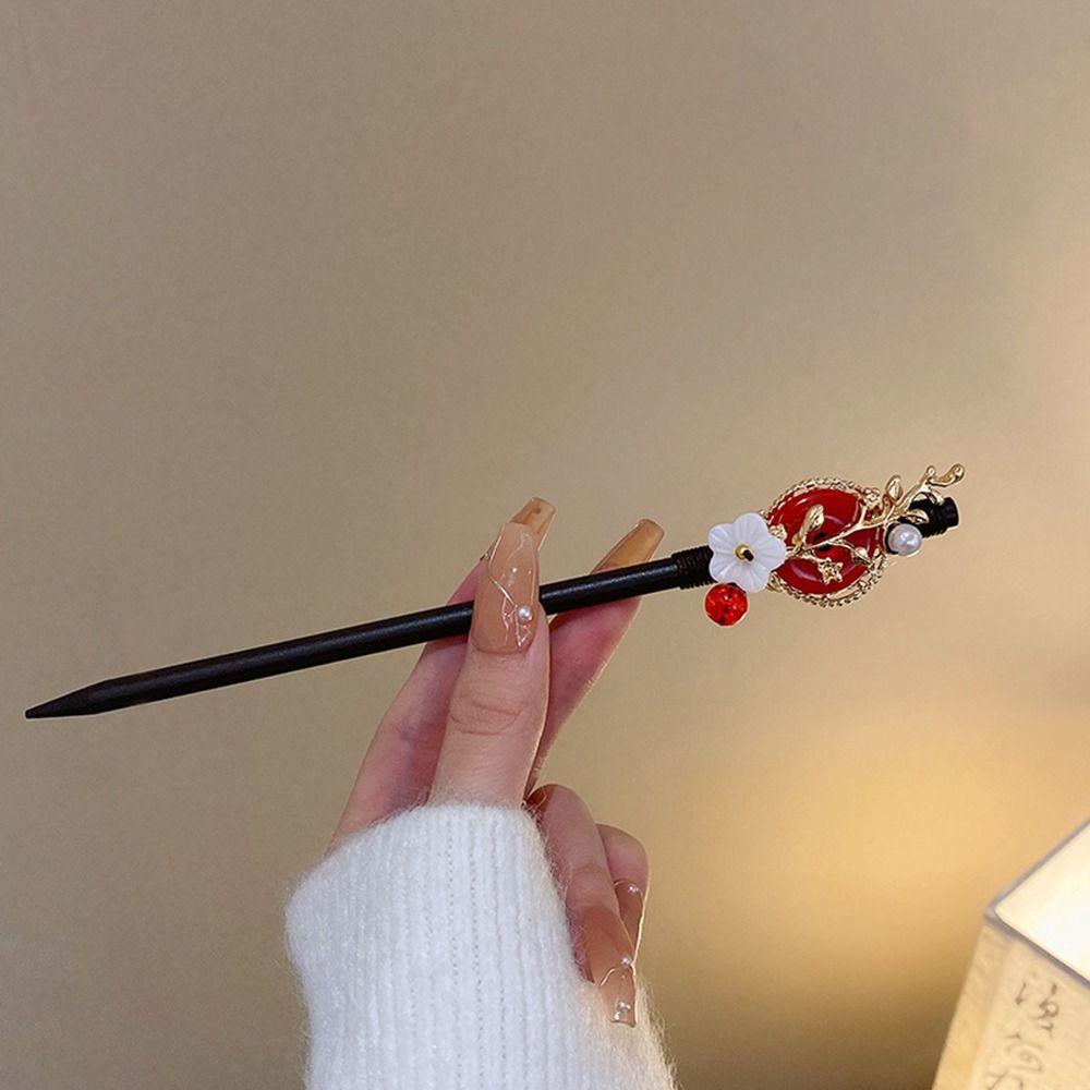 Vintage Red Rose Fringe Hairpin Fashion Chinese Hairpin Headwear Retro Red Hair Stick  Disk Hair