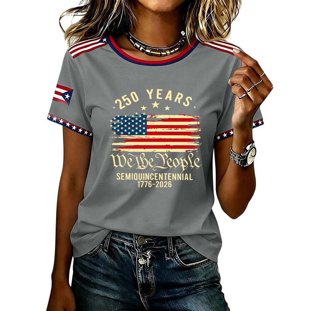 Womens Short Sleeve Crew Neck T Shirt Semiquincentennial 250 Years We the Flag Print Casual Top