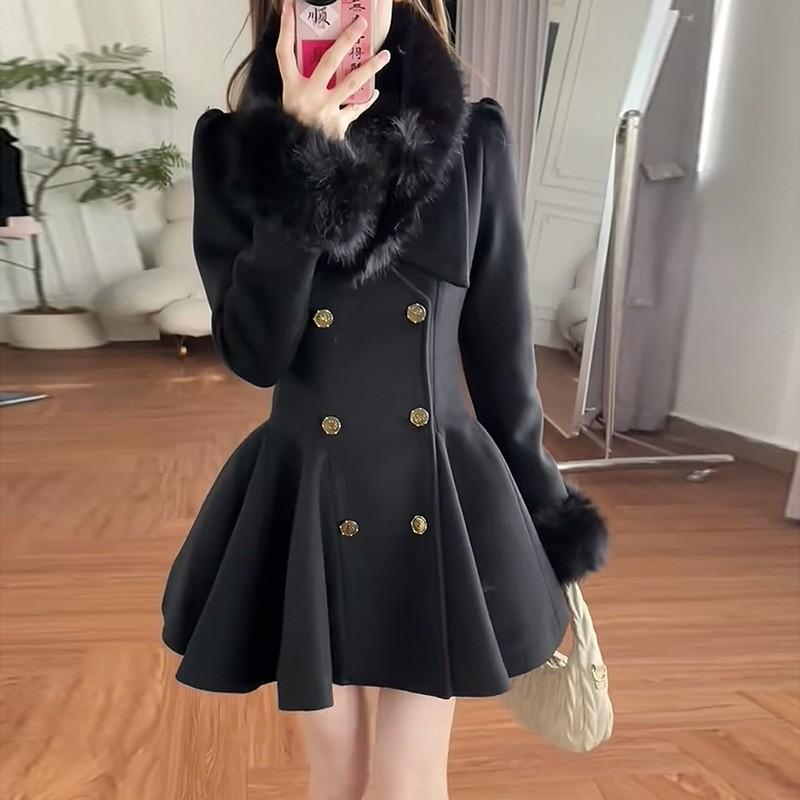 Womens Slim Fit Wool Blend Coat Elegant Fur Trim Double Breasted Turn Down Collar Long Sleeve Solid Color Fashion Outerwear