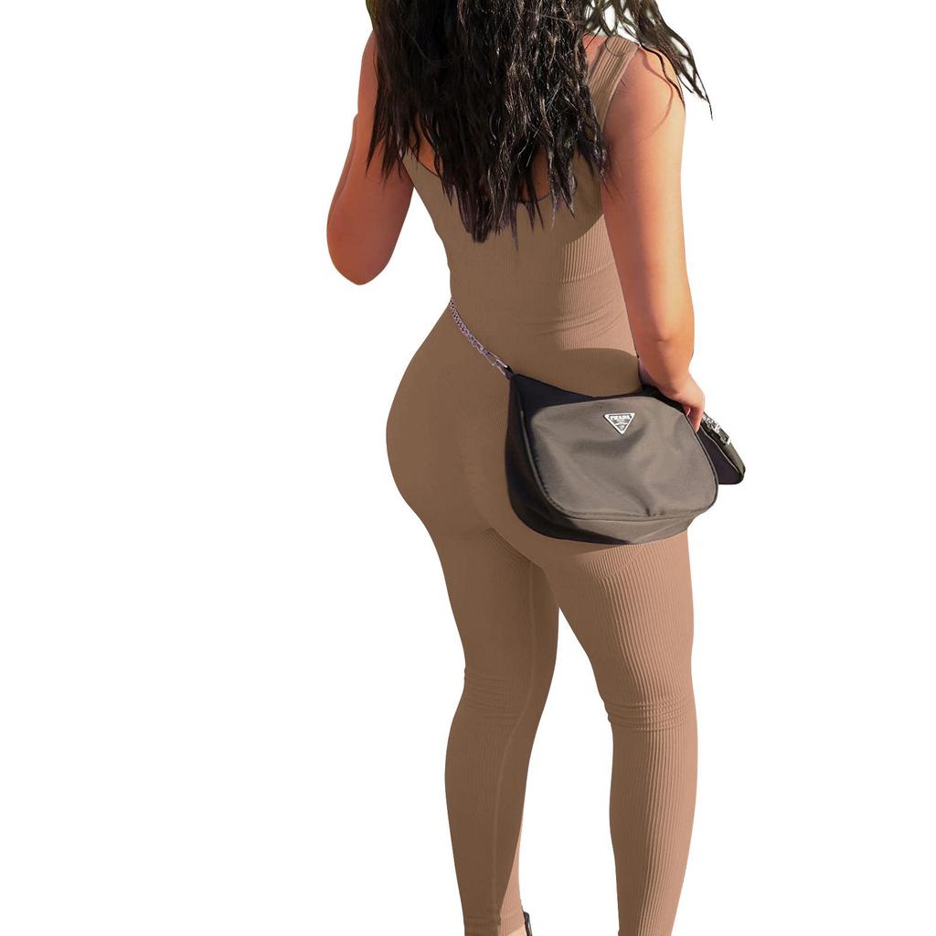 Women's Sleeveless Ribbed Slimming Bodysuit - Square Neck, Backless, Hip-Lifting Jumpsuit