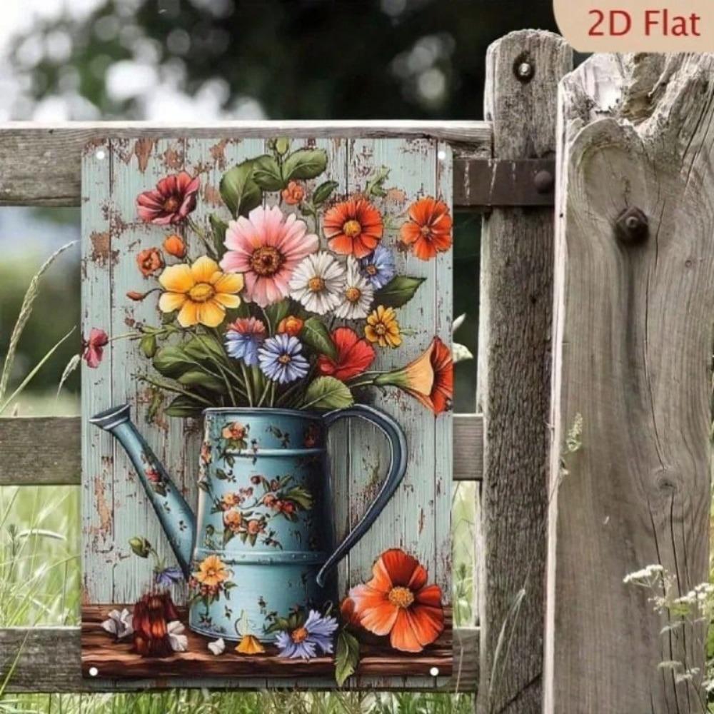 Vintage Metal Wall Poster Flower Watering Can Kitchen Art