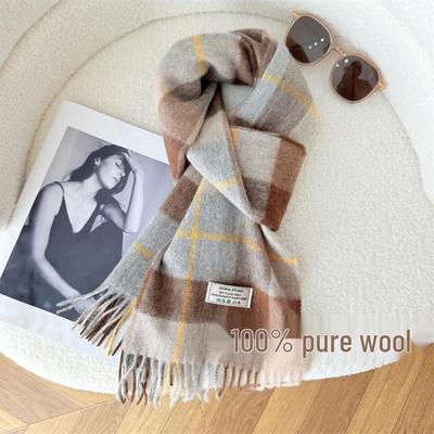 100% Pure Wool Women's Scarf: Winter 2025 Plaid Tassel Design for Christmas, New Year, Birthday, and Couple Gifts