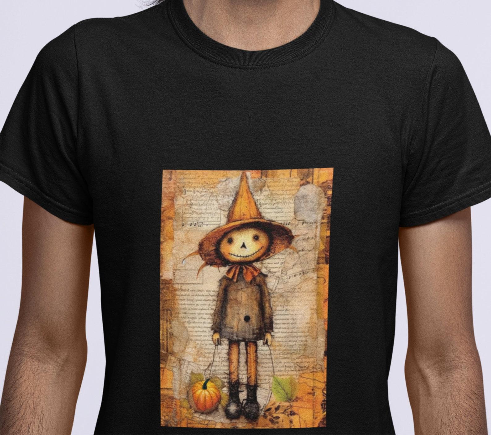 Whimsical Scarecrow Pumpkin T-Shirt: Vintage Halloween Design M