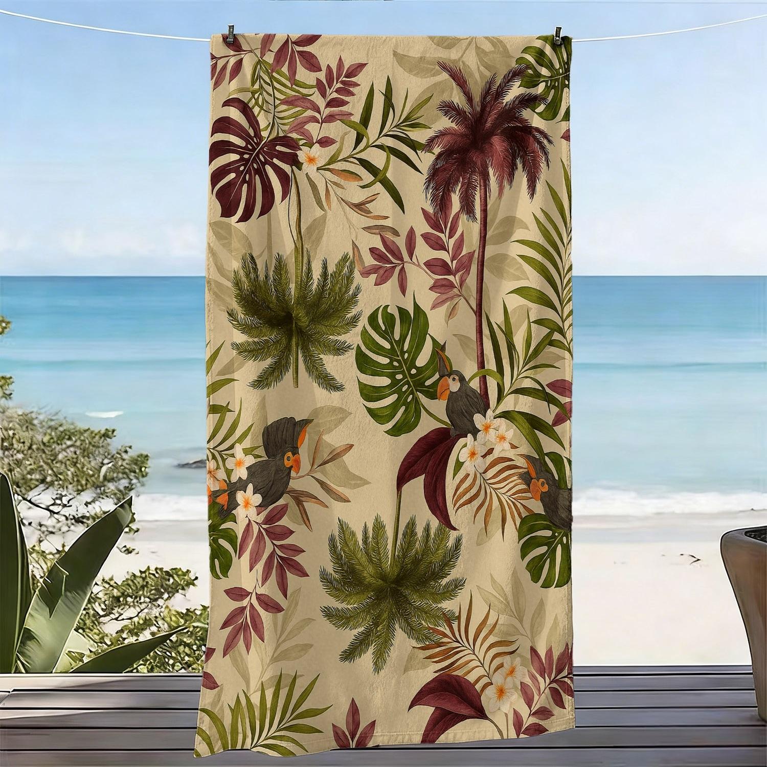 Tropical Style Oversized Soft Beach Towel with Palm Leaf and Toucan Print Microfiber Bath Towel Quick-Drying and Super Absorbent W30*H60(CM)