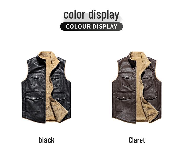 Cross2025 Men's Autumn/Winter Plus Velvet Thick Leather Vest - Youth Outdoor Casual Fashion