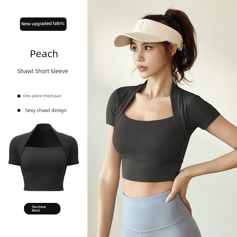 

Одежда для йоги с нагрудными вставками для женщин 2025 Новое поступление Бег Тренировка Футболка с коротким рукавом Имитация двойки Сексуальная Облегающая Утягивающая