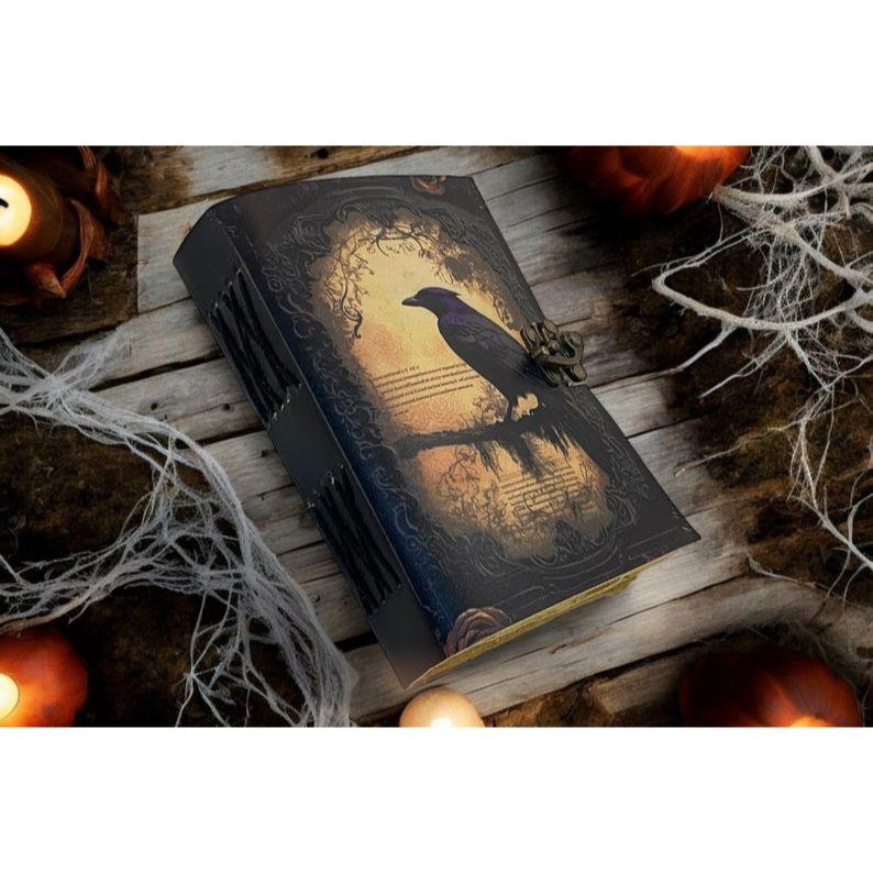 Leather Journal Gothic Notebook The Raven Grimoire Print - Vintage Handamde Journal Book of Shadows Witchcrafts Journal Gifts for Men,