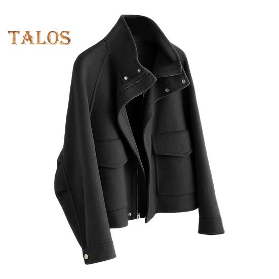 

Осенне-зимнее шерстяное пальто с боковыми карманами, застегивающимся на молнию воротником, отложным воротником, однотонная толстая куртка с длинными рукавами, верхняя одежда для поездок на работу и свиданий M чёрный