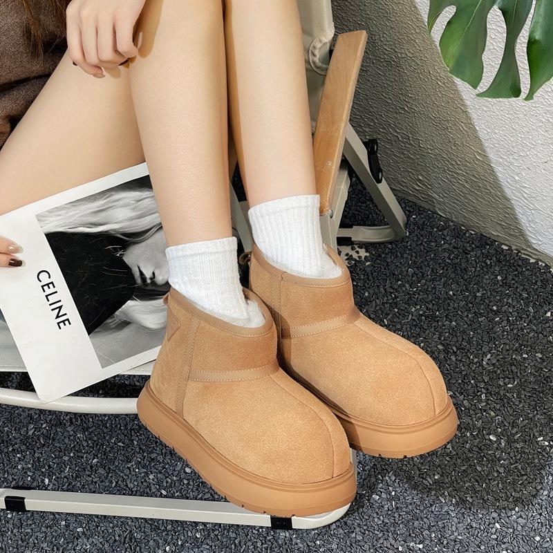 Winter neue kurzschaftige Stiefel mit großem Schaft für Damen, warm gefütterte Baumwollschuhe mit dicker Sohle, echte Leder-Schneestiefel für Damen