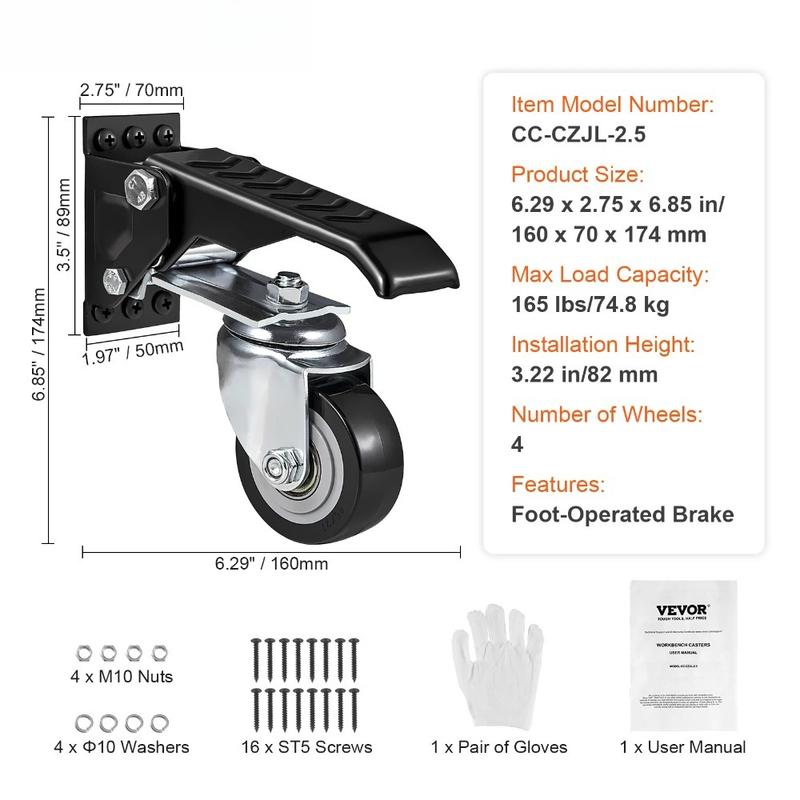 1pcs SucceBuy 165 lbs 2.5"  Workbench Caster Wheels Side Mounted Retractable Stepdown Wheel 360° Swivel for Tables Equipment