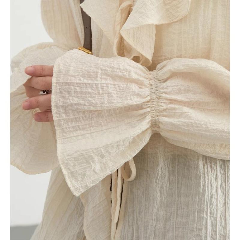 Frühlingsrüschen Schlagärmel Schnürung Vintage Lässige Hemden für Damen Mode Elegant V-Ausschnitt Lockere Blusen Damen Oberteile Slim Fit Einfarbiges Damenhemd 25999