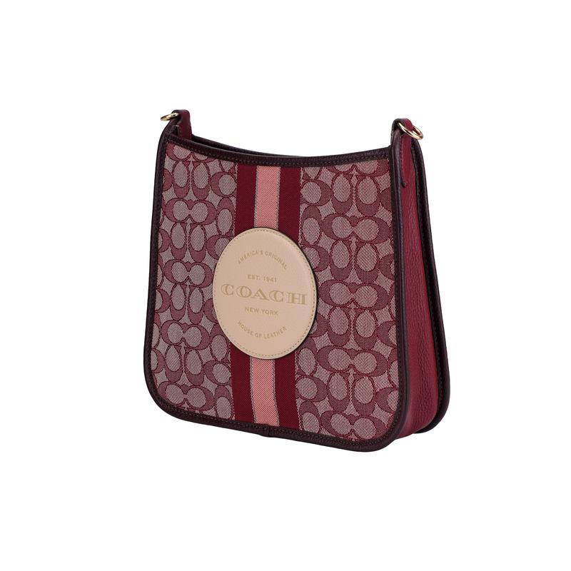 COACH Dempsey 27 classic old flower jacquard zipper closure logo patch fabric with cow leather crossbody bag large size women's red brown