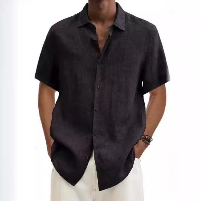 Summer V-neck Button Cotton and Linen Solid Color Men's Shirt Shirt Men Cotton Linen Shirt Men Pocket Casual Beach Short Sleeve Solid Color