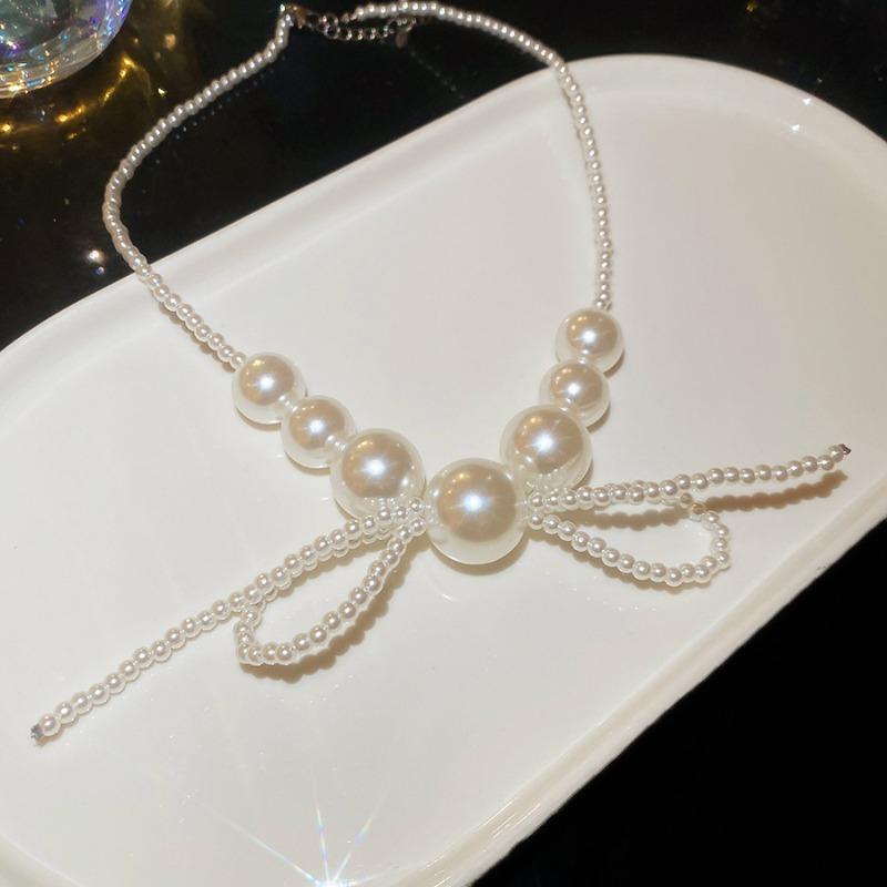 Silver Needle Bow Tassel Pearl Necklace Earrings Retro Light Luxury Premium Jewelry Set Exquisite Elegant Jewelry
