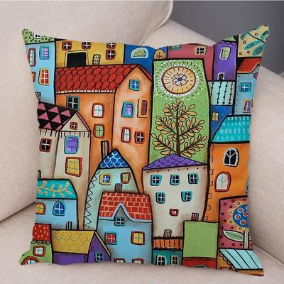 Retro Rural  Cities Cushion Cover for Sofa Home Car Decor Ful Cartoon House Pillow Case Tree Short Plush Pillowcase,(4)