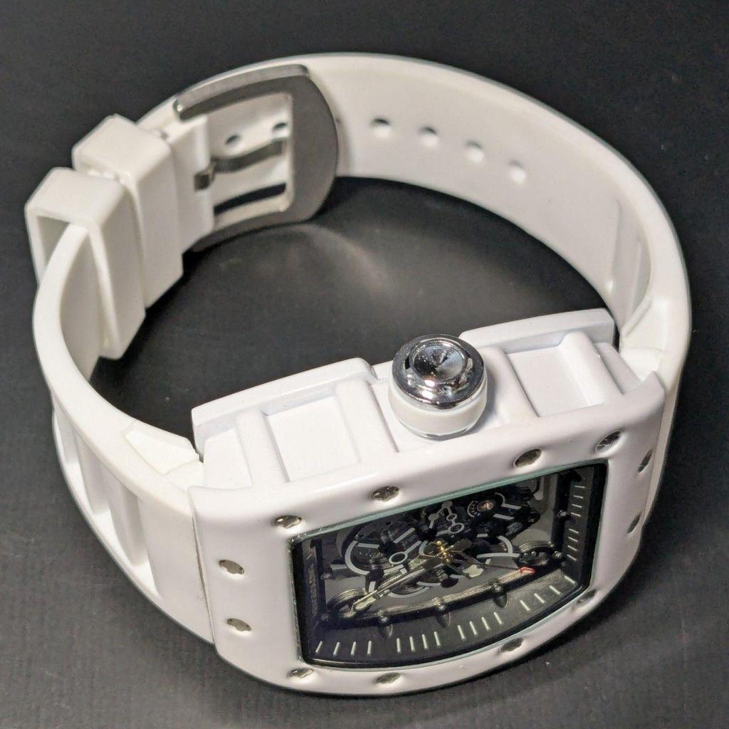 Used New Watch Richard Mille Type Quartz Homage Watch Rubber Tonneau White Skeleton