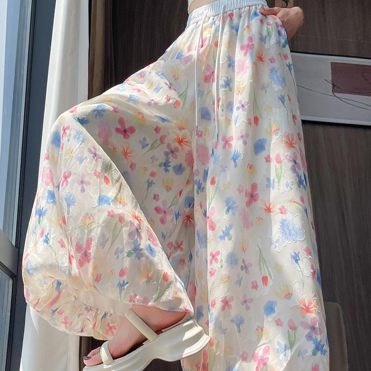 Letní dámské potištěné tenké kalhoty s vysokým pasem a širokými nohavicemi ke kotníkům, kalhoty-sukně s kapsou pro hiphopovou dívku