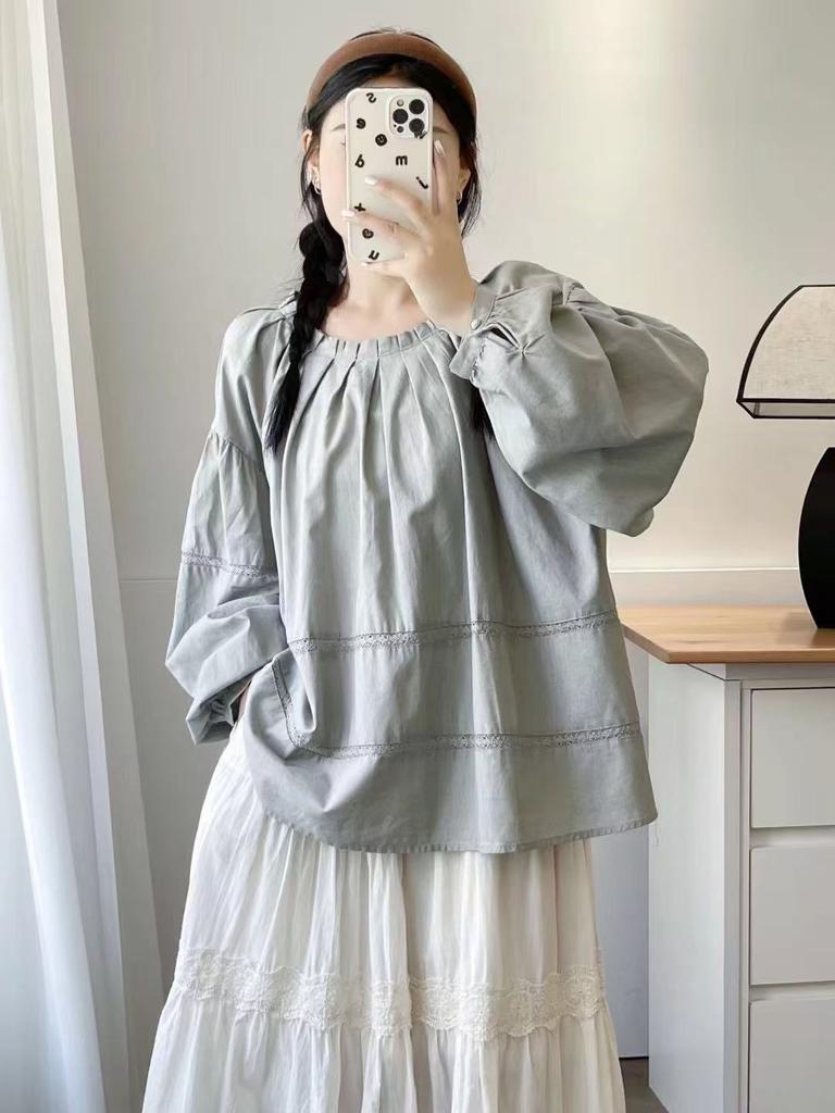 Johnature Dámský top s kulatým výstřihem Jarní výřezy Šití Volný Japonský Les Nařasené Dlouhý rukáv