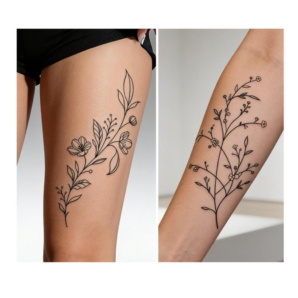 Long Lasting Black Flower Tattoo Stickers Waterproof Sketch Style Stickers Neck Shoulder Arm