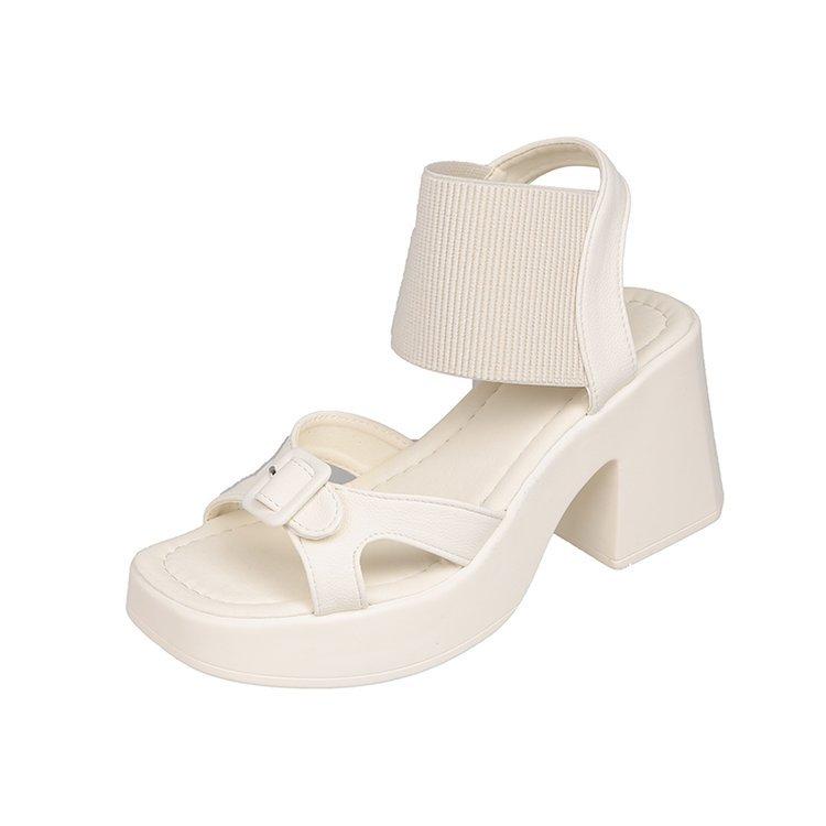 Populares Sandalias de Mujer Verano Tejido de Malla Punta Cuadrada Tacón Alto Grueso Zapatos de Mujer Casual Plataforma Romanas Sólidas Sandalias de Mujer