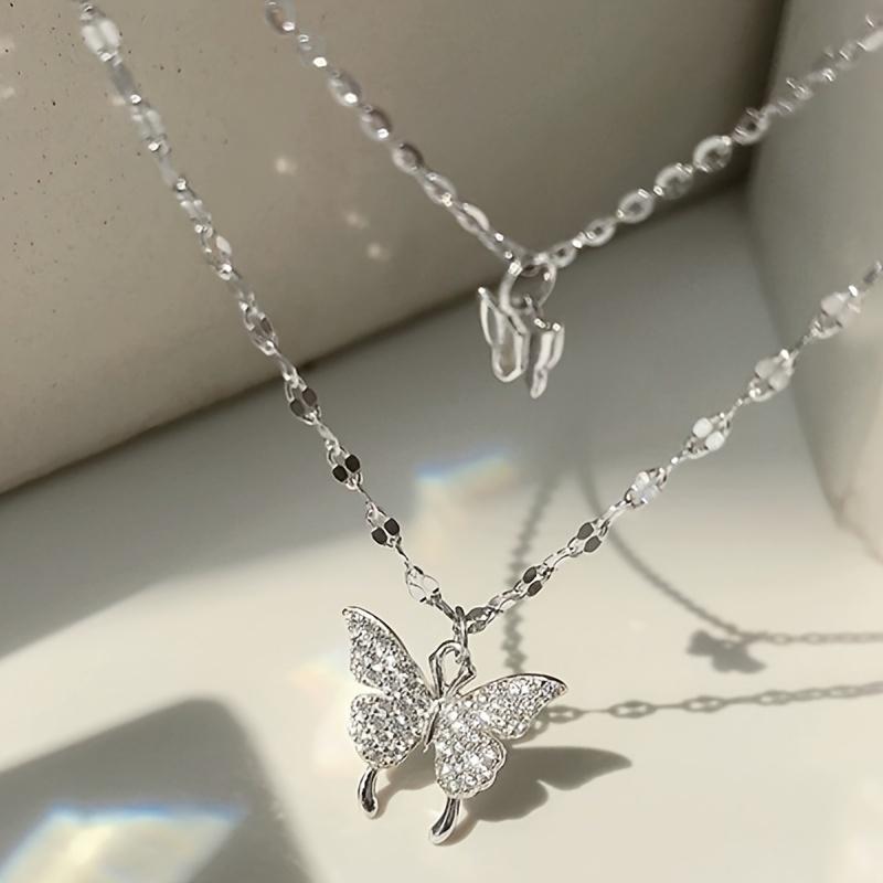 Double Layer Butterfly Necklace for Women - Elegant -Accented Chain Jewelry, Minimalist Lightweight Design for Everyday & Party Wear