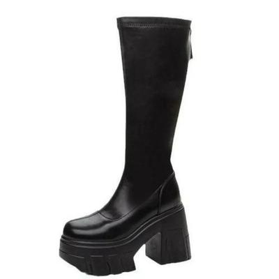 Mode 11CM Mikrofaser Römische Frühling Kniehohe Stiefel Damen High Top Herbst Winter Damen Synthetisches Leder Plateau Keilabsatz Damen Schuhe