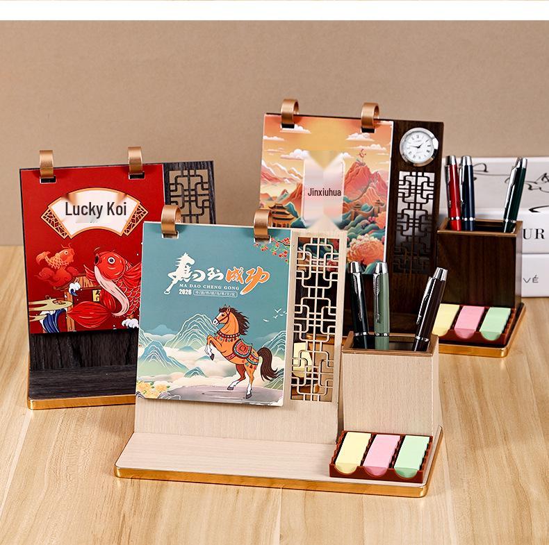 2026 Desk Calendar: Multifunctional Wooden Stand with Pen Holder & Self-Discipline Planner - Exquisite Gift Set, Customizable