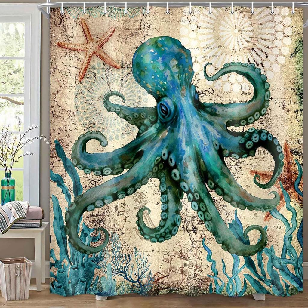 Vintage Nautical Octopus Shower Curtain Funny Ocean Beach Coastal Decorative Shower Curtains for Bathroom Waterproof