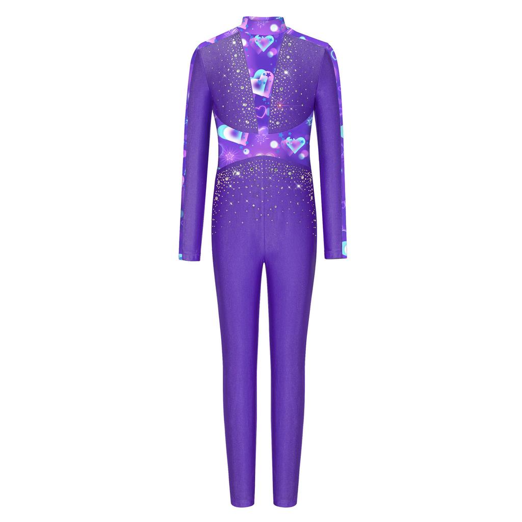 Leotard da Ballo da Bambina a Maniche Lunghe con Paillettes e Strass, Lucido, Full Body, Zip Invisibile Posteriore