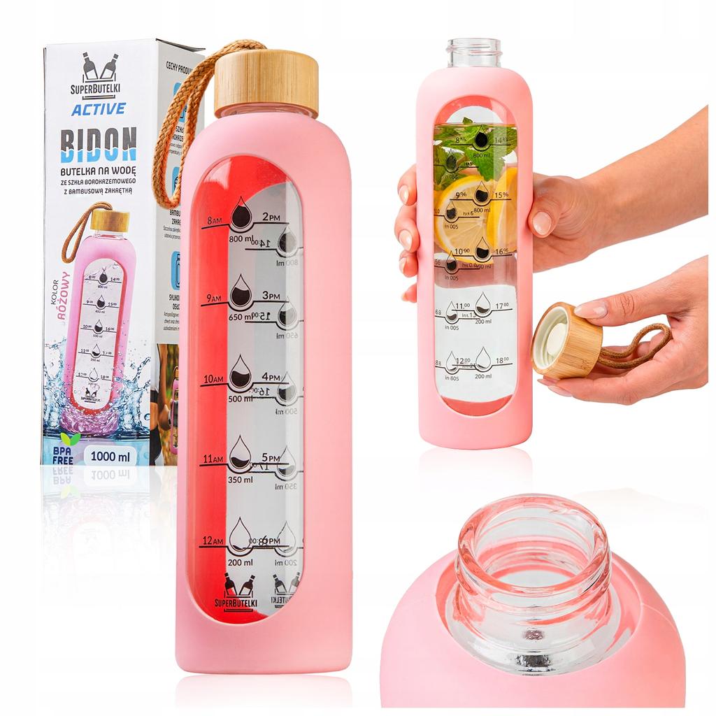 1000 Ml Glass Water Bottle With Silicone Case (Pink)