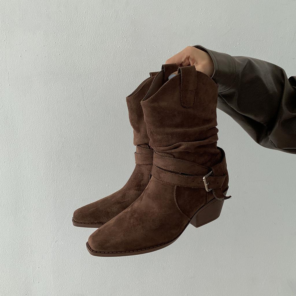 Queen Fan Retro Thick Heel Western Cowboy Boots Women's 2025 New Autumn with Skirt, Thin and Tall Short Boots