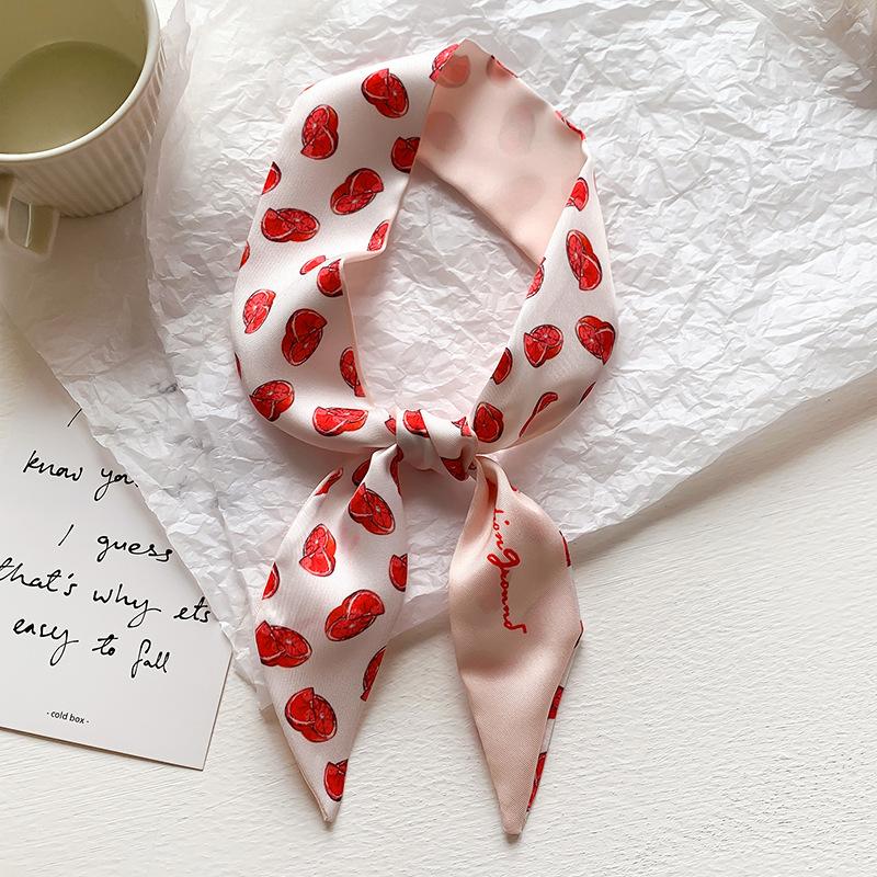 New Fruit Pattern Floral Narrow Korean Version Small Silk Scarf for Women's Decorative Scarf with Long Streamers and Kissing Small Scarf