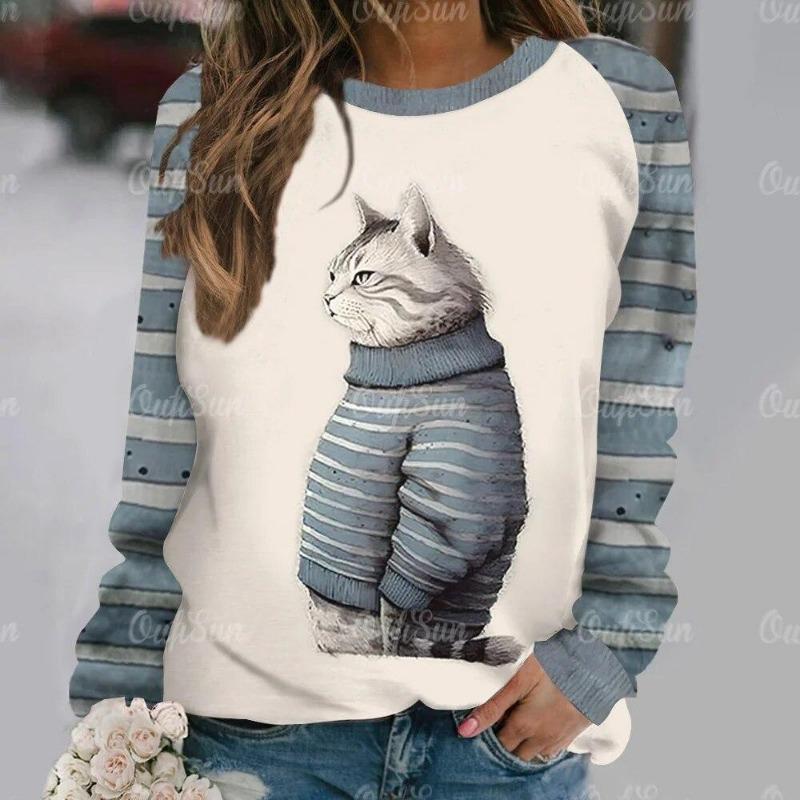 Mode Kawaii Katt Djur Tryck Långärmade T-shirts För Kvinnor Sweatshirts Dam Söt O-Hals Pullover Kvinna T-shirts Topp Kläder
