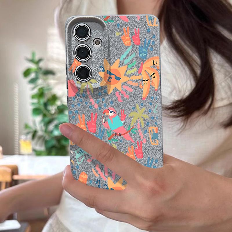 Colorful Cartoon Pattern Case For Samsung Galaxy S25 Edge S24 Ultra S23 S22 Plus S21 FE S26 Ultra Leather Texture Silicone Cover