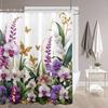 1pc white background purple flower pattern printed shower curtain, polyester fabric with hooks, simple style window and wall bat