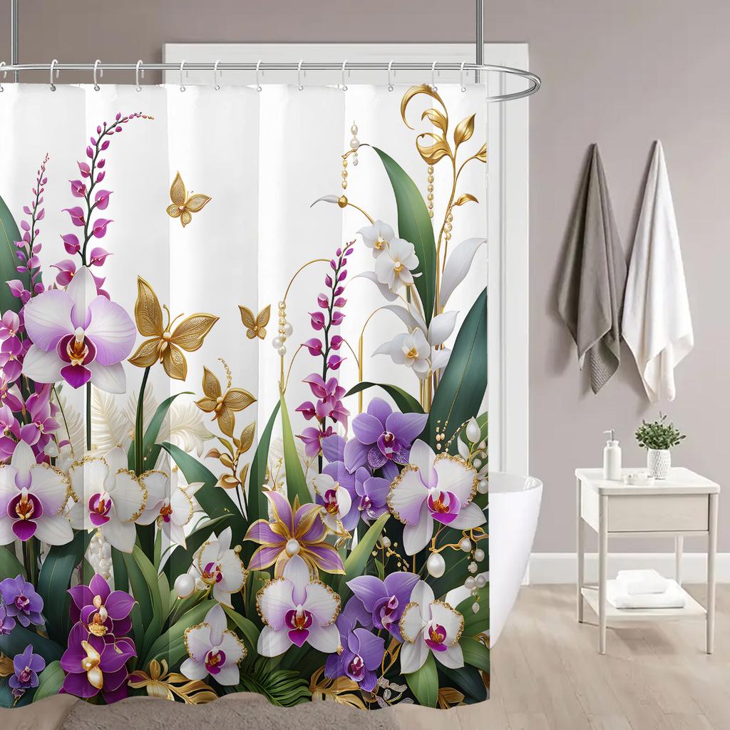 1pc white background purple flower pattern printed shower curtain, polyester fabric with hooks, simple style window and wall bat
