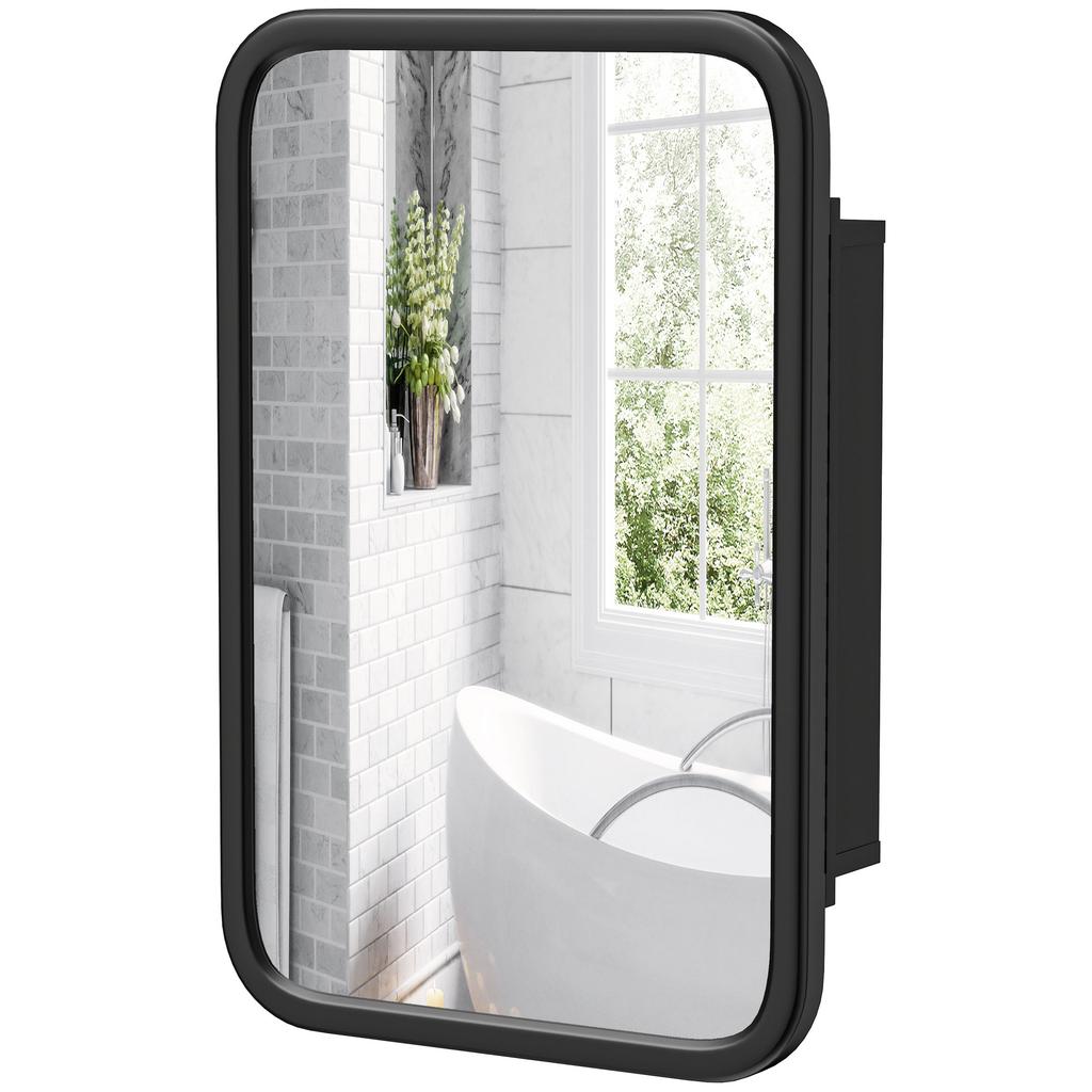 Bathroom Wall Cabinet with Tempered Mirror Metal Bathroom Mirror Cabinet with 3 Shelves Black