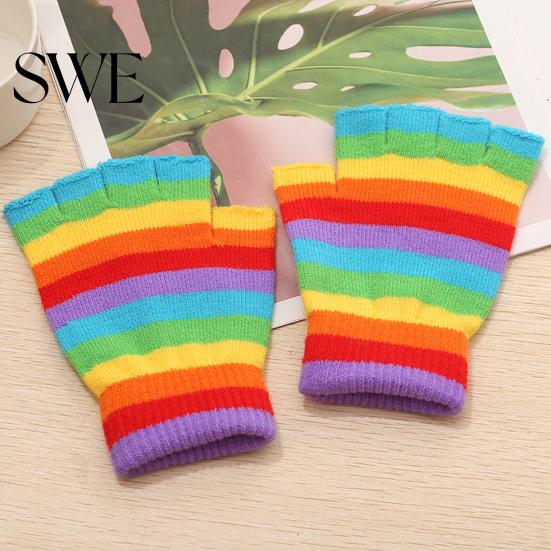 Winter Gloves 1 Pair Students Half Finger Knitted Colorful Rainbow Stripe Stretchy Comfortable Girls Keep Warm Super Soft Autumn Women Writing Gaming
