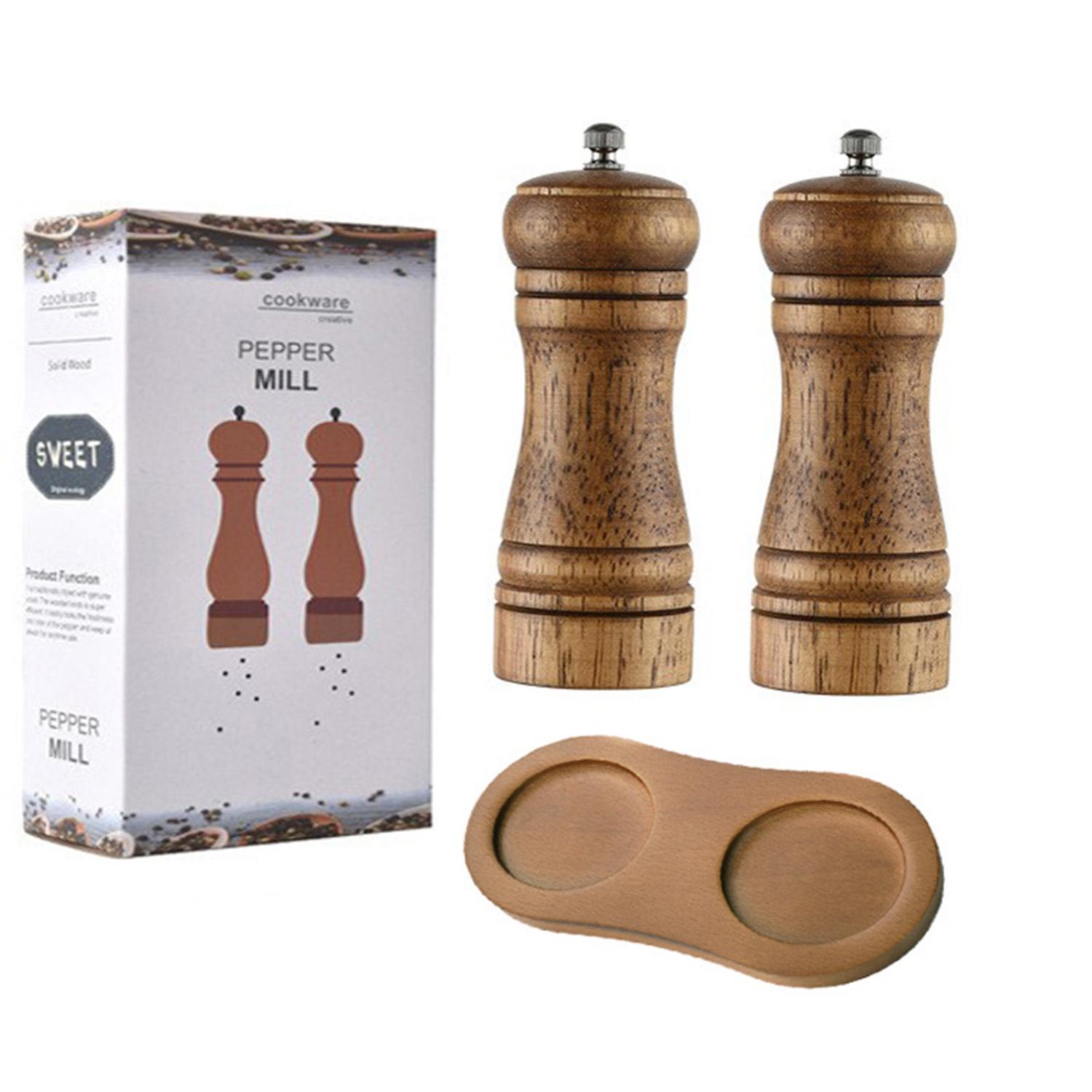 

Wooden Pepper Mill Set of 2 with Base, Premium Ceramic Grinder Core, Adjustable Coarseness for Salt & Spices, Kitchen Tool S коричневый